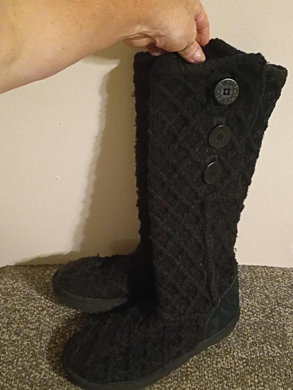 UGG Black Knit Cable Long Button Boots Size 7